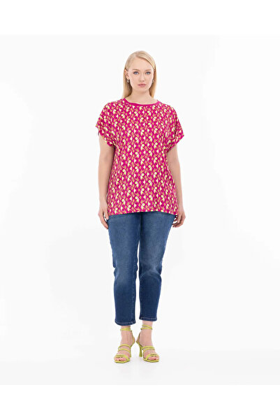 Gala-Xi Women's Plus Size Satin Look Geometric Pattern Blouse - Fuchsia