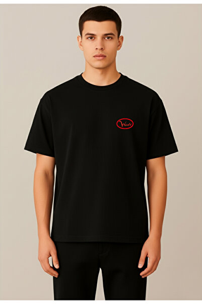 WİDİ Tricou negru unisex, oversize, 100% bumbac, cu logo-ul marca în formă de elipsă