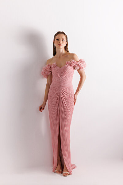 Kenzel Çiçek Süslemeli Pilise Detaylı Şifon Aiye Elbise