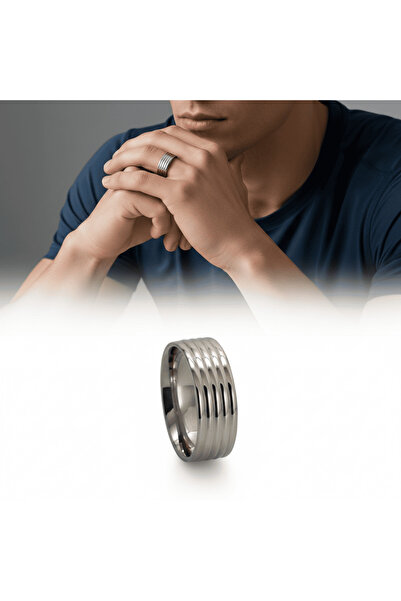 Tesbihane Silver Color Five Rows Design 316L Quality Stainless Steel Men Ring Wedding Band - 14 Size