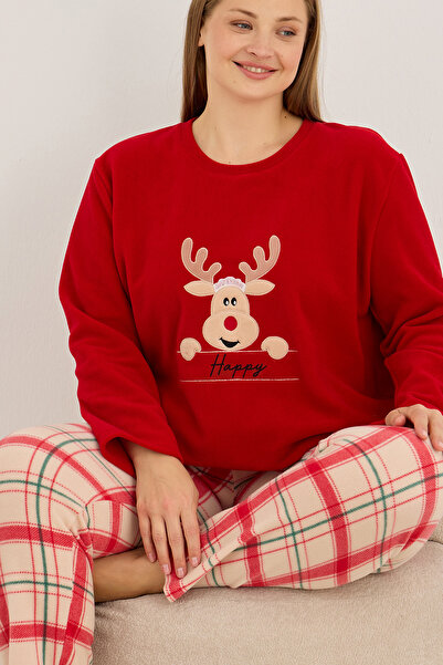 Siyah İnci kırmızı geyik Nakışlı Büyük Beden Polar Kışlık Örme Pijama Takım
