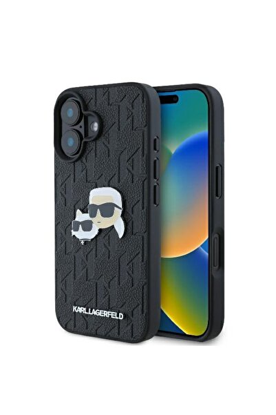 Karl Lagerfeld Husă pentru iPhone 16, piele rigidă cu monogramă - neagră