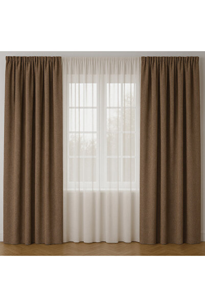 TÜLHOME Twit Keten Fon Perde Kahverengi V.109 PİLESİZ TEK KANAT ( Büzgü Ekstr...