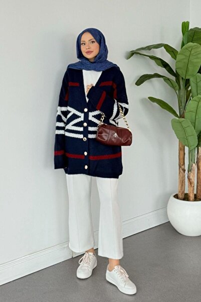 Şulemoda Giyim Tera Desen Yumoş Casual Cardigan Navy Blue