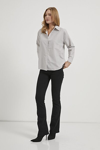 Arma Life Women's Open Collar Striped Long Sleeve Loose Beige Shirt