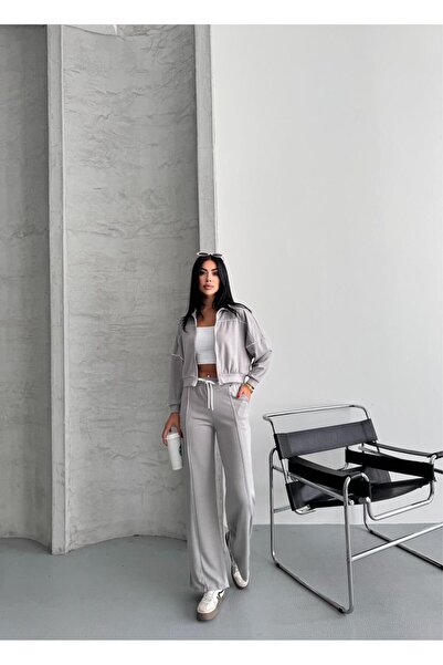 b buhari bykoc Wide Leg Model Fabric Tracksuit Set with Zipper Detail