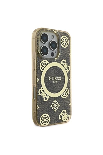 Guess Case for IPhone 16 Pro, MagSafe Denim Pattern, Compatible, Silicone Frame, Gold Logo, Brown