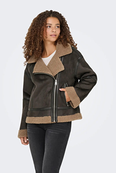 ONLY Women's Onlkendra Fur Collar and Fur Lined Suede Coat 15348991 Brown