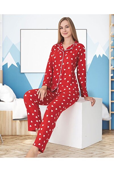 zahider Mother-Daughter Heart Pattern Cotton Button-Down Shirt Collar Suede Fabric Pajamas Set