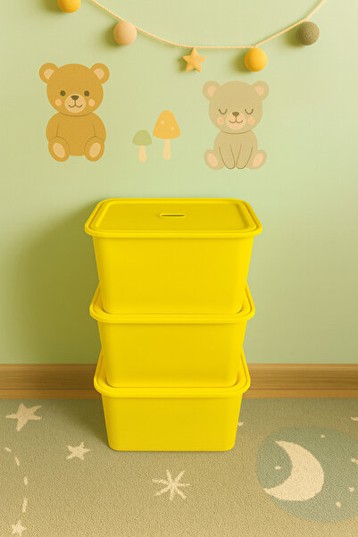 decosense 3 Pieces Yellow Lid Deep Toy and Stuff Storage Box Polypropylene Pl...