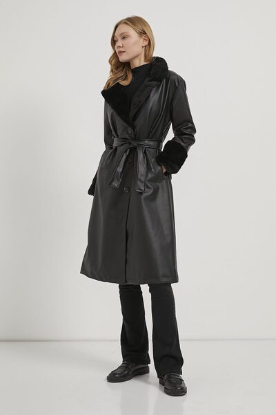 Arma Life Women's Belted Fur Black Faux Leather Loose Coat