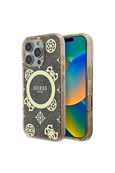 Guess Case for IPhone 16 Pro, MagSafe Denim Pattern, Compatible, Silicone Frame, Gold Logo, Brown