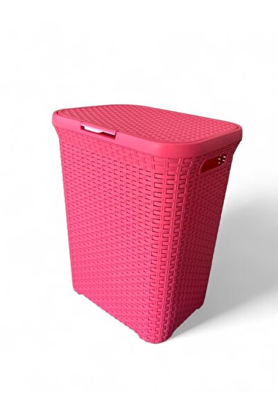 Saban Pembe, Hasır Desenli Kapaklı Çamaşır Sepeti – 55x43x33cm
