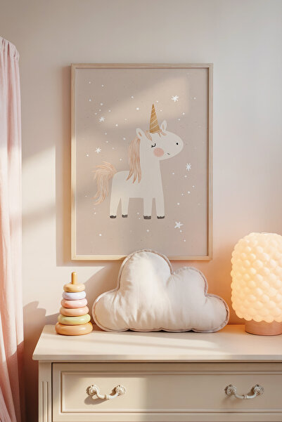 Posteria Tekli Doğal Ahşap Çerçeveli, Bej Uniqorn Çocuk Odası Dekoru, El Yapı...