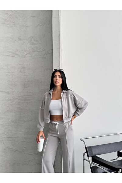 b buhari bykoc Wide Leg Model Fabric Tracksuit Set with Zipper Detail