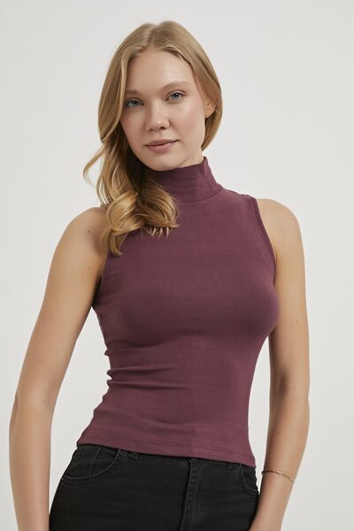 Arma Life Women's Turtleneck Sleeveless Stretchy Burgundy Basic Bodysuit