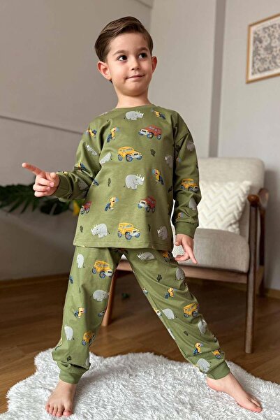 Riccotarz Erkek Çocuk Üzerinde Fil ve Papağan Digital Baskılı Yeşil Pijama Ta...