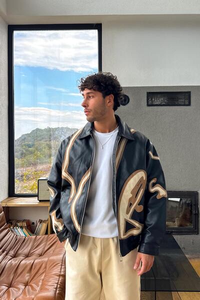 Flaw Wear Jachetă din piele brodată Relax Fit, neagră