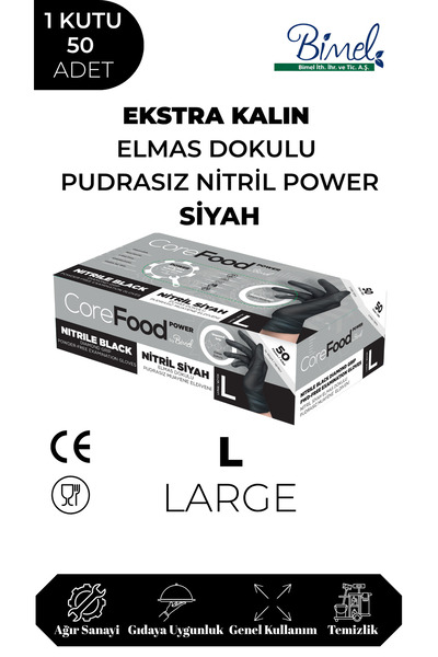 COREFOOD Nitril Siyah Power Muayene Eldiveni L - 1 Paket 50'li