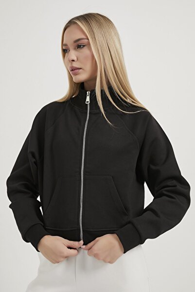 Arma Life Kadın Fermuarlı Cepli Dik Yaka Siyah Kısa Sweat