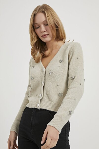 Arma Life Women's Stone Patterned Textured Cream Short Knit Cardigan