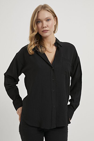 Arma Life Women's Open Collar Casual Textured Basic Black Shirt