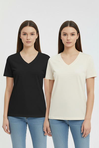 TWINTICKS Women's V-Neck Short Sleeve Casual Wear Cotton Two-Piece T-Shirt Se...