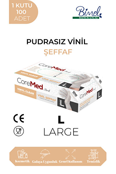 Bimel COREMED Vinil Şeffaf Muayene Eldiveni L - 1 Paket 100'lü