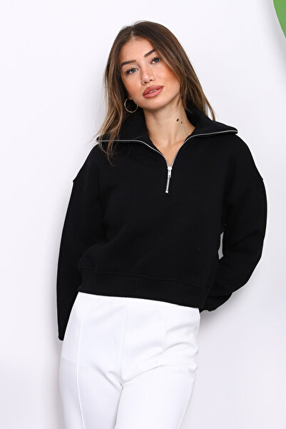 İmajButik Μαύρο φούτερ με φερμουάρ μπροστά με τρεις κλωστές