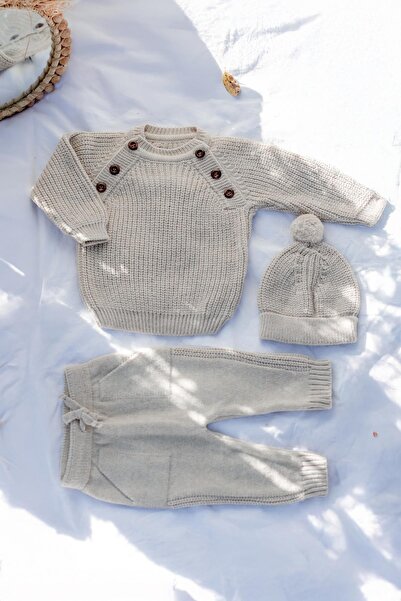 miabambim Knitwear Beret Side Buttoned Top and Bottom Set Baby Set Brown