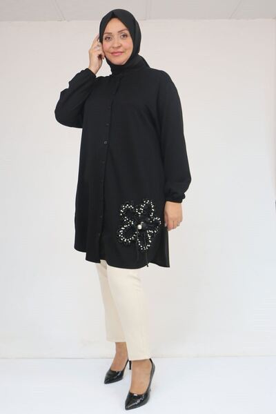 Eslina 58127 Μοντέρνο τουνίκ με λεπτομέρεια αξεσουάρ με γιακά δικαστή - Μαύρο