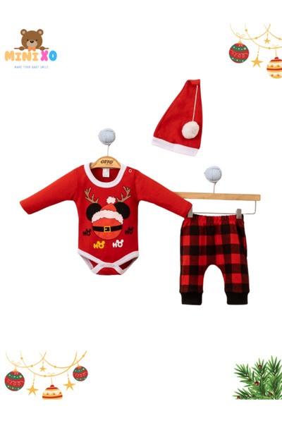Minixo Baby Kırmızı Noel Temalı Uzun Kollu Pamuklu Bebek Zıbın