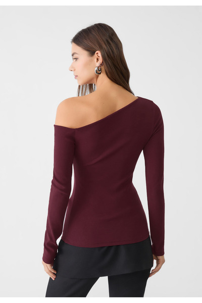 VODENS Bluză tricou din bumbac 100% cu guler asimetric, roșu claret închis