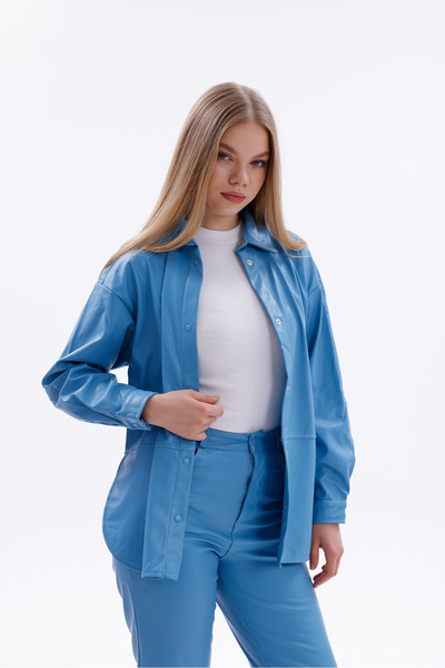 Sapientia Azure Suit – Blue Leather Look Shirt and Pants Set, Leather Suit