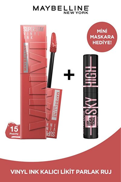 Maybelline New York Super Stay Vinyl Ink Uzun Süre Kalıcı Şeftali Tonlu Likit Ruj 15 Peachy&Sky High Cosmic Mini Maskara