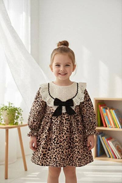 aysskids فستان جوليا للفتيات بأكمام طويلة وتنورة منقوشة بالدانتيل بنمط الفهد