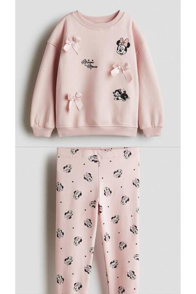 dolaş kids Mickey Mouse Embroidered Bow-Wristed Winter Girls' Double Set