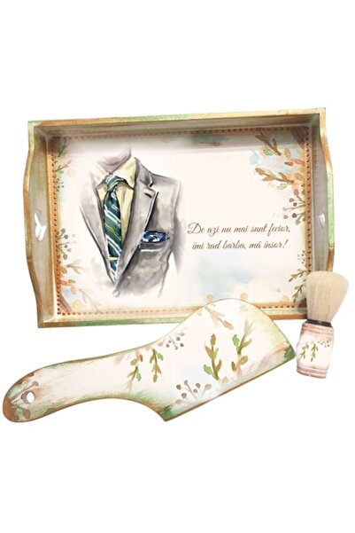 mixartstudiobym Set Gatitul Mirelui – tava, pamatuf si satar decorativ, aspect vintage, bust mire