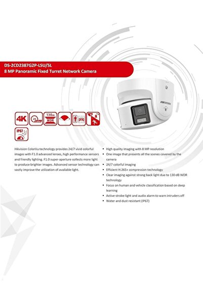 Hikvision كاميرا DS-2CD2387G2P-LSU/SL ColorVu 8MP Panoramic Turret IP، عدسة ثابتة 4 مم، لون أبيض