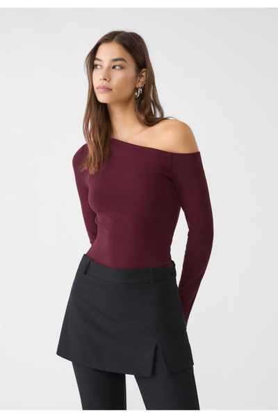 VODENS Bluză tricou din bumbac 100% cu guler asimetric, roșu claret închis