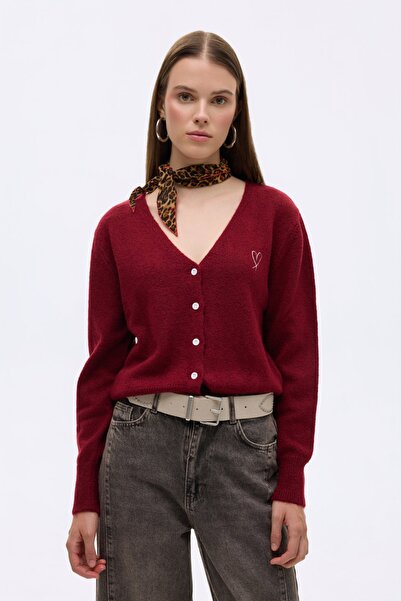 Quzu Women's Heart Embroidered Knitwear Cardigan Trk00955 Burgundy
