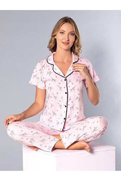 Poppy Buttoned Short Sleeve Shirt Pajama Set - Summer Floral Pattern Soft Mil...