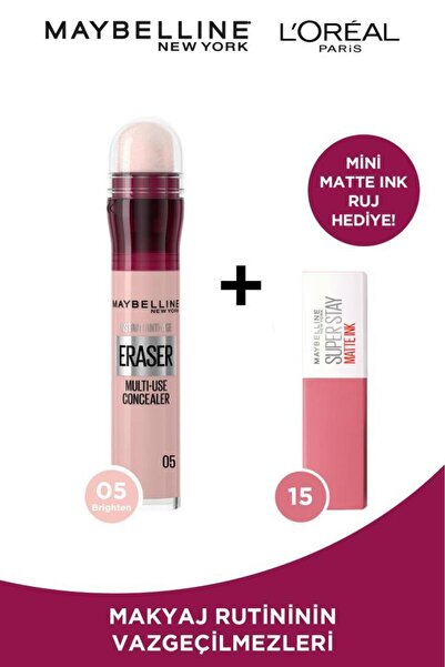 Maybelline New York Instant Eraser Kapatıcı 05 & Super Stay Matte Ink 15 Mini