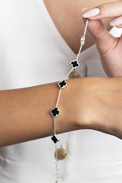 Elika Silver 925 Ayar Gümüş Siyah Yonca Bileklik