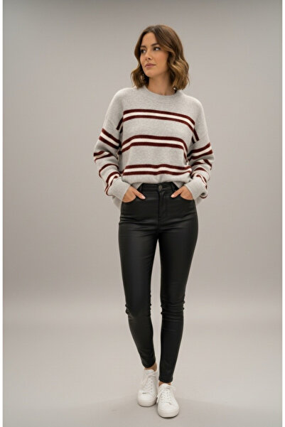 My Blog Gray Colored Striped Oversize Knit Sweater - 2516