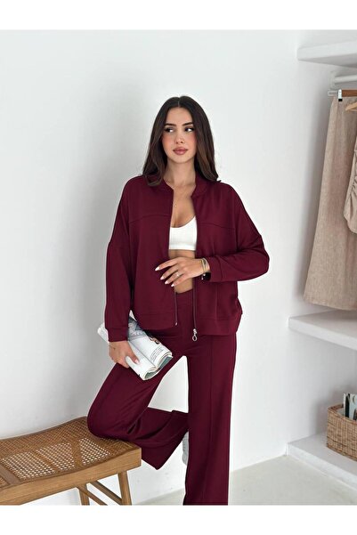b buhari bykoc Oversize Zippered Trousers with Grass Detail, Wide-Leg Model Fabric Tracksuit Set
