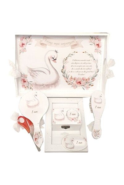 mixartstudiobym Set tavă pentru prima tunsoare a fetei, temă Lebădă, alb, 6 piese,