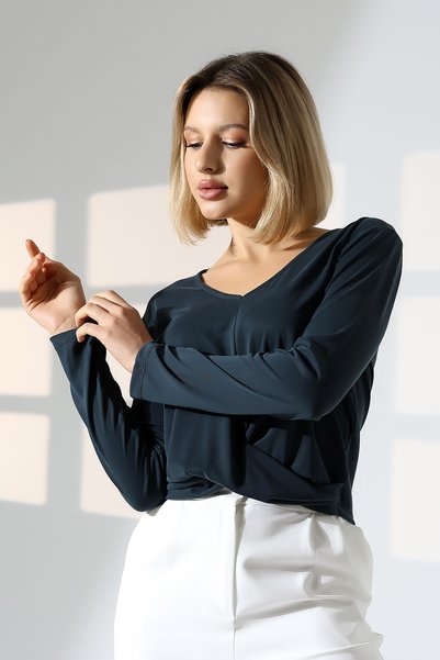 DİVİSTA Women's Navy Blue Modal V-Neck Long Sleeve Blouse