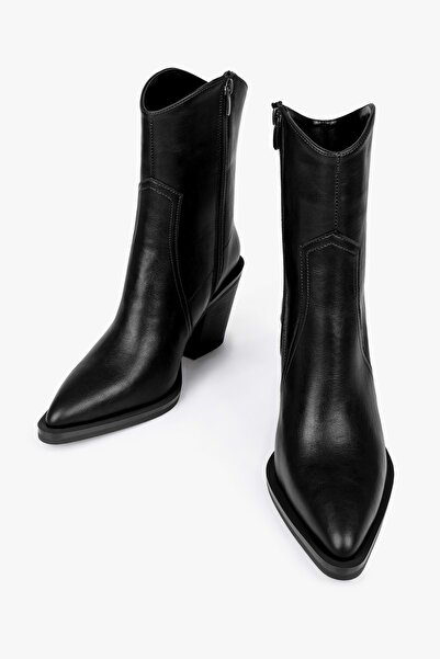 Shoeberry Kadın Bellini Siyah Cilt Kovboy Bot