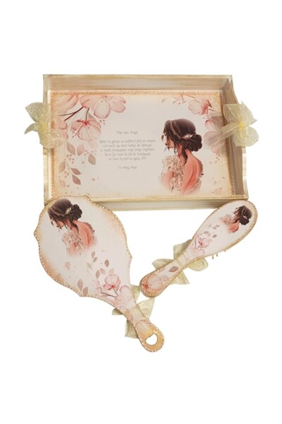 mixartstudiobym Set personalizat pentru pregătirea miresei – Tavă, Oglindă și Perie, cu Siluetă și Mesaj Romantic